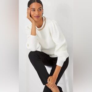 NWT Ann Taylor Sweater XS Winter White Gold Chain Knit Ribbed Puff Sleeves